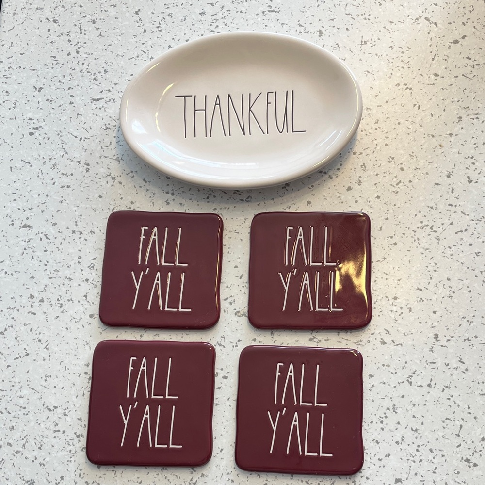 Rae Dunn Thankful Plate and Fall Coasters Set